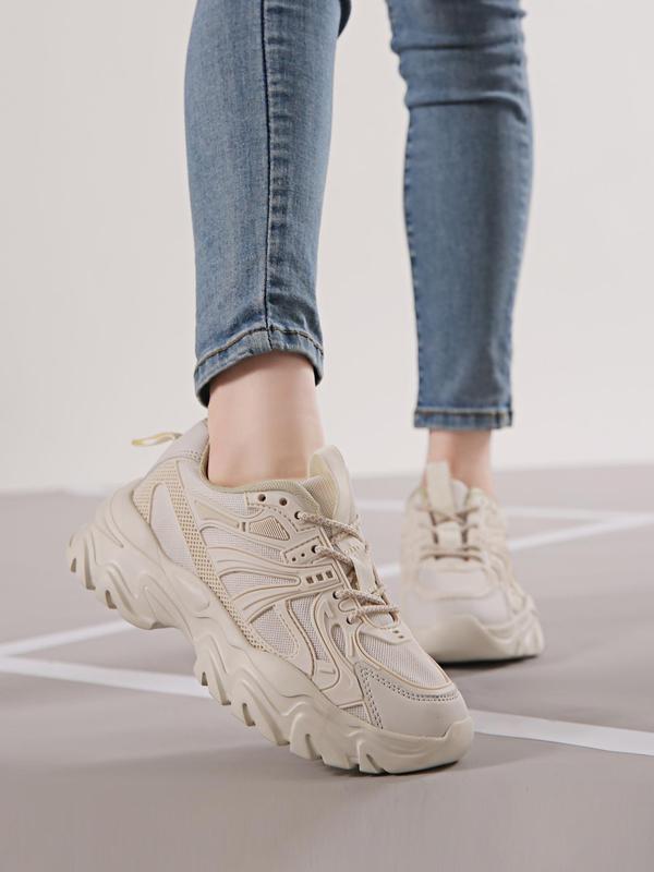 Women's Fashion Front Lace up Low Top Thick-soled Sneakers, Breathable Soft Comfortable Patchwork Chunky Shoes, Casual and Versatile Plain Sports Walking Shoes