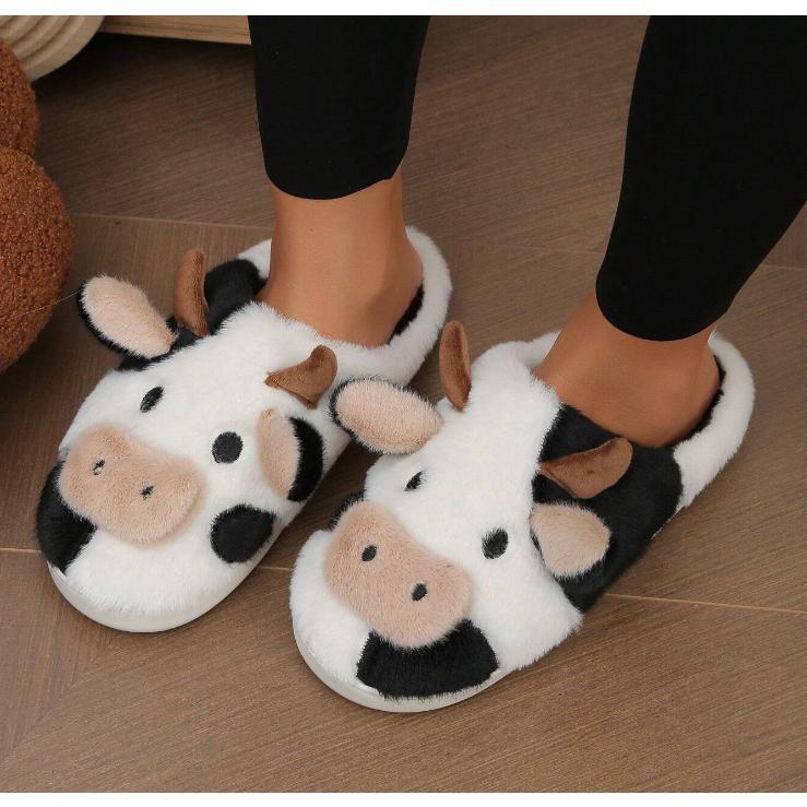 Cartoon Cow Cotton Slippers,Cute Fuzzy Cow Slippers Warm Non-Slip for Women and Men Winter Indoor Outdoor Slippers