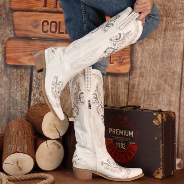 Fashion Cowboy Boots for Women - Wide Calf Sparkly Cowgirl Boots, Comfort Women's Knee High Rhinestone Boots, Glitter Sparkle Country Boots with Classic Embroidery, Pointed Toe Pull On Zipper Stitching Retro Fashion Tall, Botas