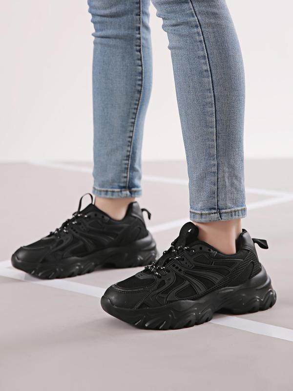 Women's Fashion Front Lace up Low Top Thick-soled Sneakers, Breathable Soft Comfortable Patchwork Chunky Shoes, Casual and Versatile Plain Sports Walking Shoes