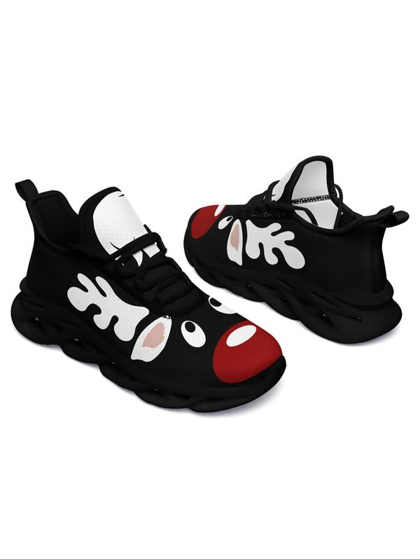 Women's Christmas Cat & Letter Print Lace Up Low Top Sneakers, Casual Comfortable Breathable Sports Running Shoes, Female All-match Round Toe Shoes for Daily