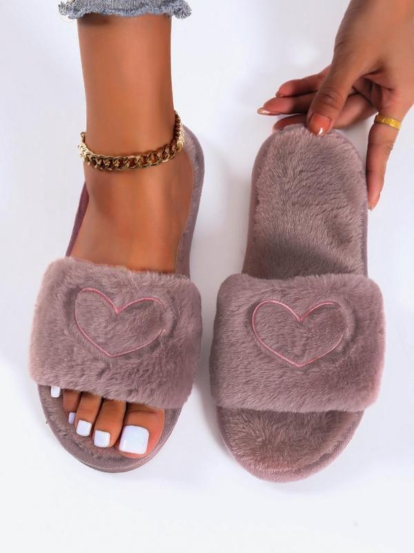 Heart Embroidered Fluffy Slippers, Soft Plush Lining Bedroom Slippers Women Girl