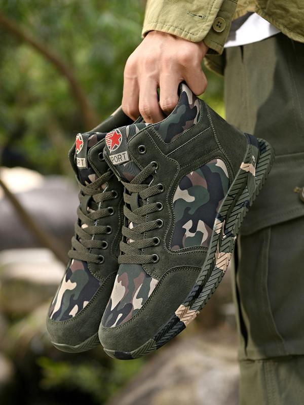 Camo Pattern Lace Up High Top Canvas Sneakers, Sporty Comfort Trainers for Outdoor Activities, Athletic Training Footwear, Summer Walking Shoes