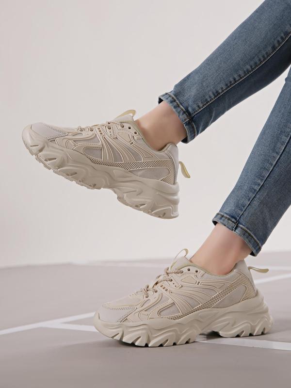 Women's Fashion Front Lace up Low Top Thick-soled Sneakers, Breathable Soft Comfortable Patchwork Chunky Shoes, Casual and Versatile Plain Sports Walking Shoes