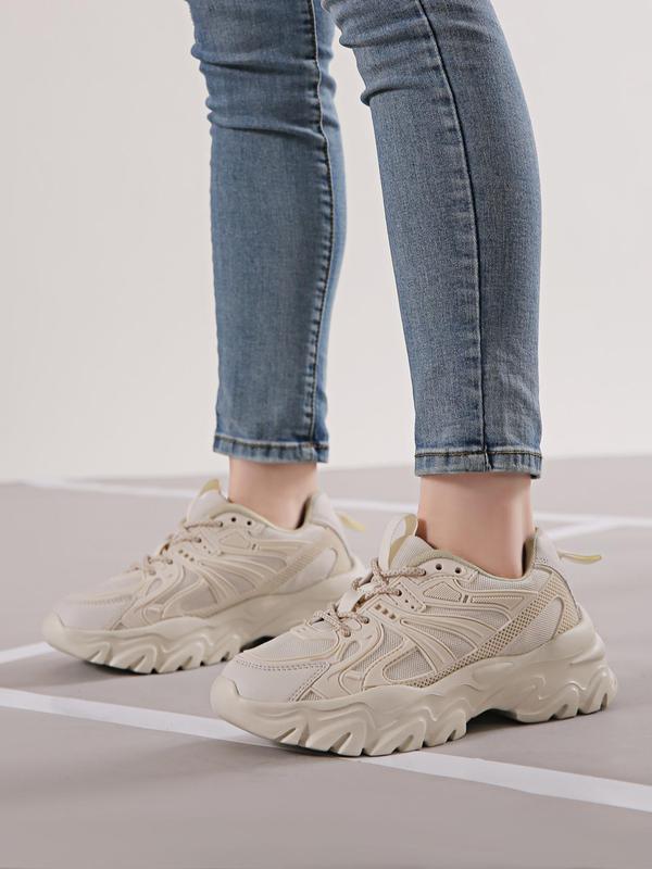 Women's Fashion Front Lace up Low Top Thick-soled Sneakers, Breathable Soft Comfortable Patchwork Chunky Shoes, Casual and Versatile Plain Sports Walking Shoes