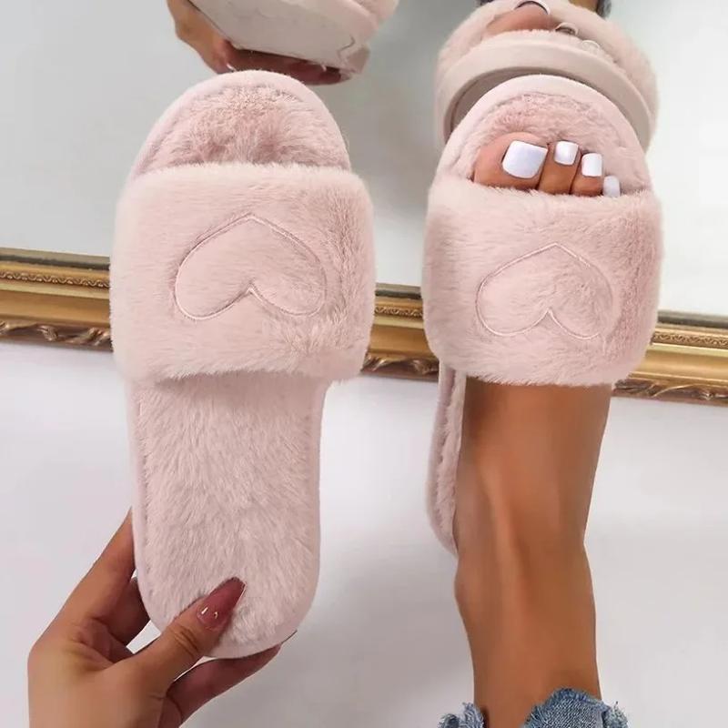 Heart Embroidered Fluffy Slippers, Soft Plush Lining Bedroom Slippers Women Girl