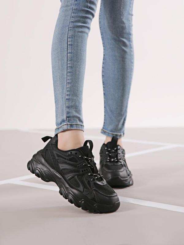 Women's Fashion Front Lace up Low Top Thick-soled Sneakers, Breathable Soft Comfortable Patchwork Chunky Shoes, Casual and Versatile Plain Sports Walking Shoes