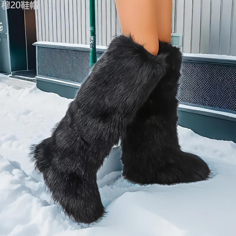 Women's Fluffy Faux Fur Boots, Pull On Platform Soft Sole High Knee Winter Boots, Round Toe Non-slip Warm Snow Boots Girl Walking Shoes