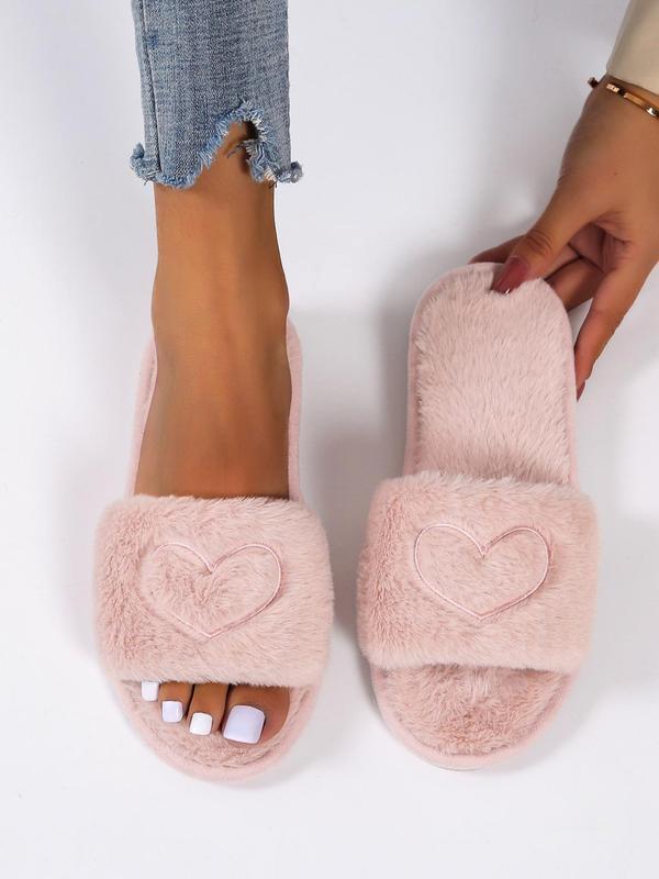 Heart Embroidered Fluffy Slippers, Soft Plush Lining Bedroom Slippers Women Girl