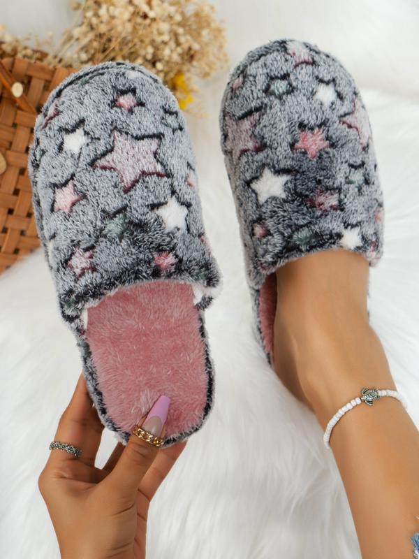 Women's Cute Bedroom Fuzzy Slippers Perfect, Trendy Y2k Style Star Pattern Cozy Fluffy Slippers, Plush Warm House Slippers, Silent Non-slip Platform Slippers