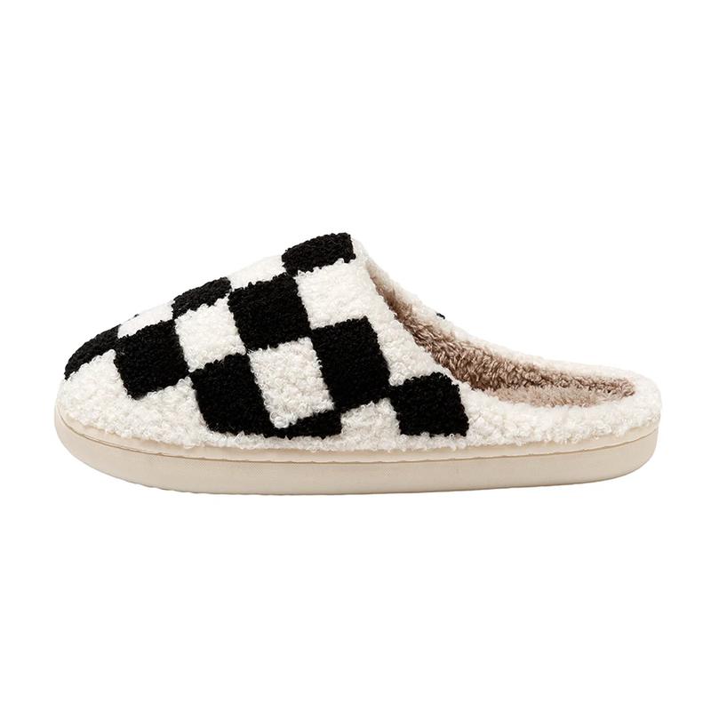 Winter Fuzzy Slippers Fashion Checker Indoor Embroidery Houseshoes Cozy Woman Winter Fluffy House Retro Checkered Print Shoes ASIFN