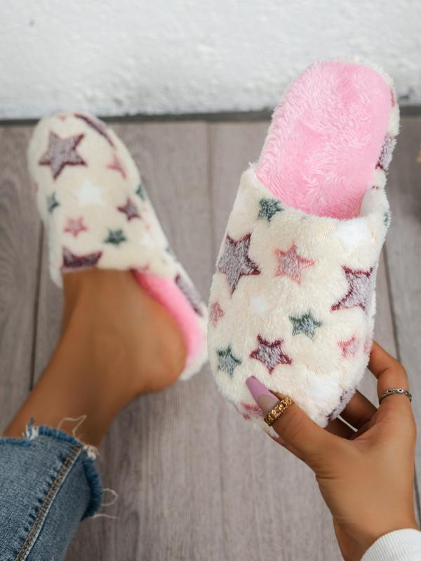 Women's Cute Bedroom Fuzzy Slippers Perfect, Trendy Y2k Style Star Pattern Cozy Fluffy Slippers, Plush Warm House Slippers, Silent Non-slip Platform Slippers