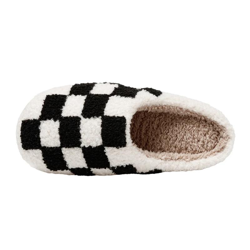 Winter Fuzzy Slippers Fashion Checker Indoor Embroidery Houseshoes Cozy Woman Winter Fluffy House Retro Checkered Print Shoes ASIFN