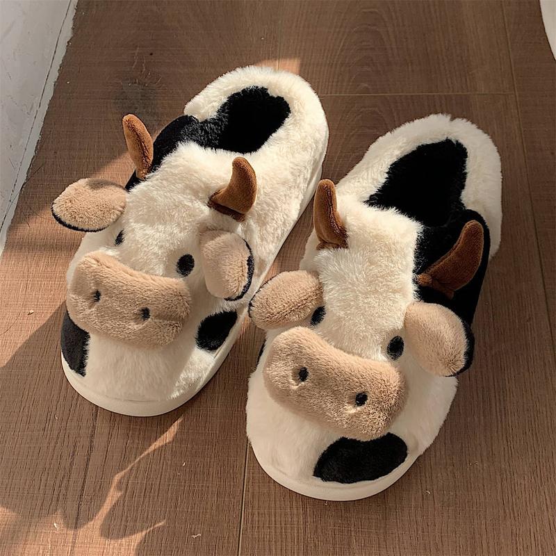 Cartoon Cow Cotton Slippers,Cute Fuzzy Cow Slippers Warm Non-Slip for Women and Men Winter Indoor Outdoor Slippers