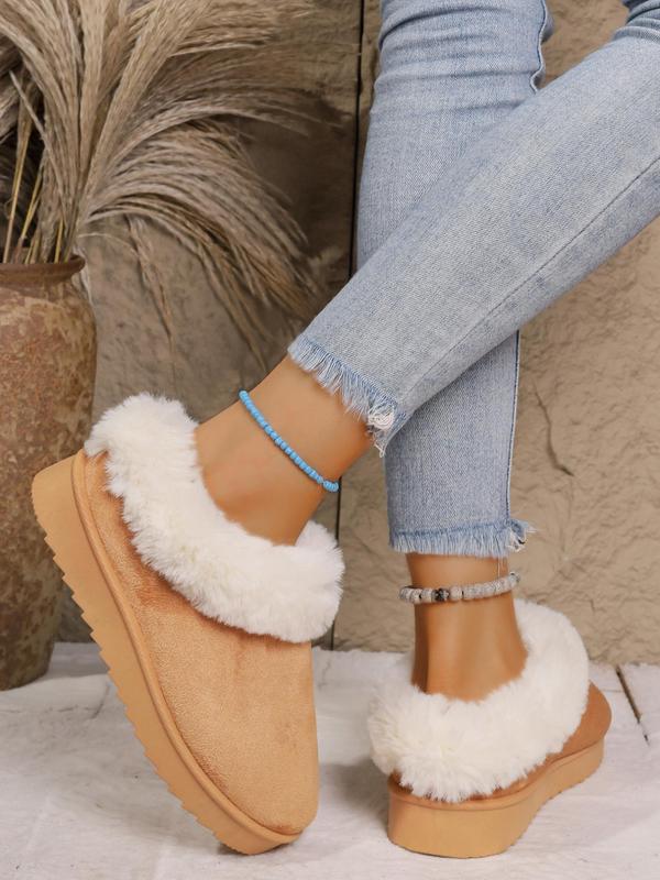 Women's Fashionable Contrast Faux Fur Trim Design Ankle Boots, Casual Comfortable Warm Snow Boots for Winter, Fluffy Plush Shoes for Women