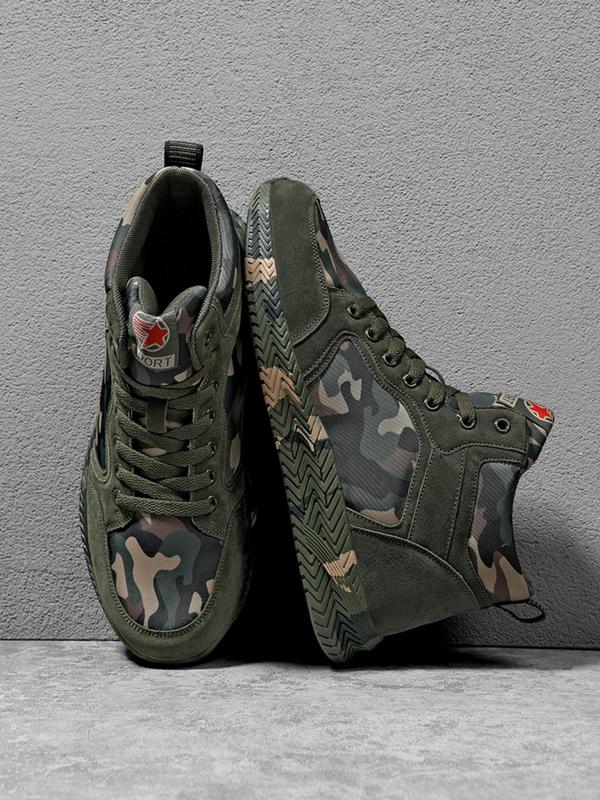 Camo Pattern Lace Up High Top Canvas Sneakers, Sporty Comfort Trainers for Outdoor Activities, Athletic Training Footwear, Summer Walking Shoes