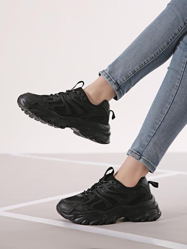 Women's Fashion Front Lace up Low Top Thick-soled Sneakers, Breathable Soft Comfortable Patchwork Chunky Shoes, Casual and Versatile Plain Sports Walking Shoes