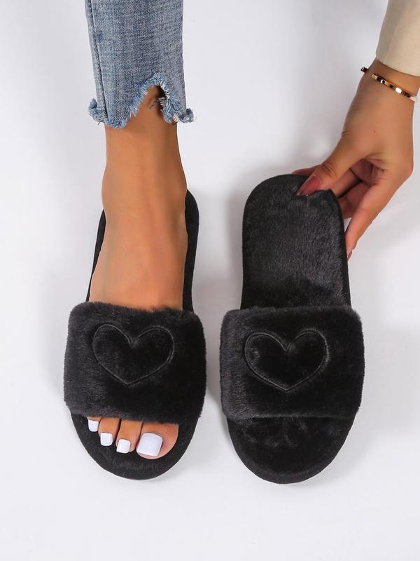 Heart Embroidered Fluffy Slippers, Soft Plush Lining Bedroom Slippers Women Girl