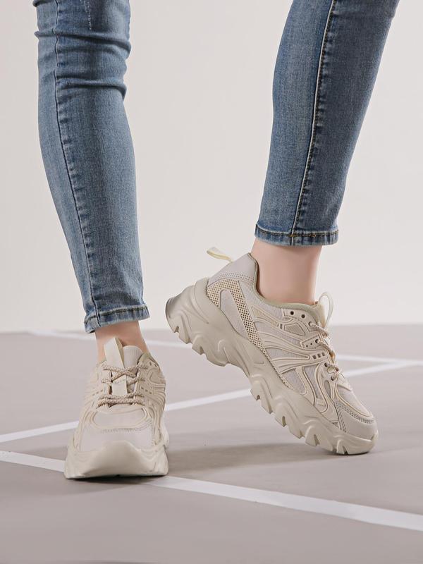 Women's Fashion Front Lace up Low Top Thick-soled Sneakers, Breathable Soft Comfortable Patchwork Chunky Shoes, Casual and Versatile Plain Sports Walking Shoes