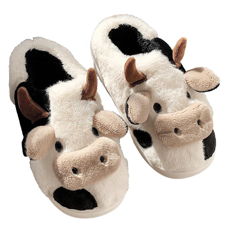 Cartoon Cow Cotton Slippers,Cute Fuzzy Cow Slippers Warm Non-Slip for Women and Men Winter Indoor Outdoor Slippers