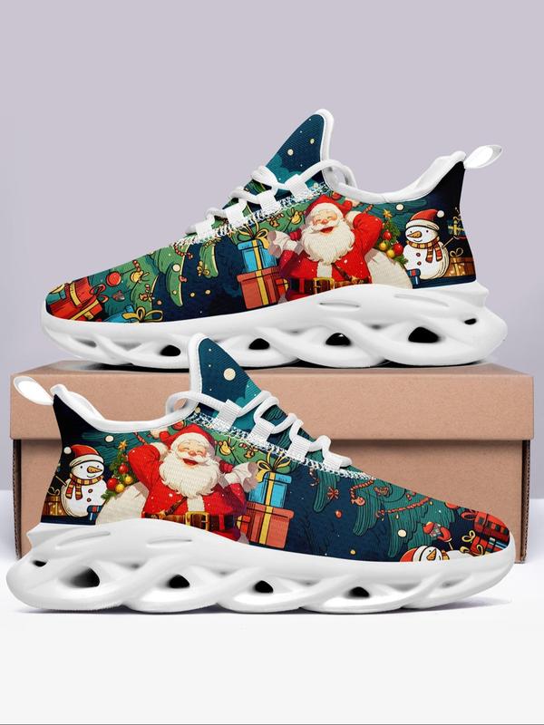 Women's Christmas Cat & Letter Print Lace Up Low Top Sneakers, Casual Comfortable Breathable Sports Running Shoes, Female All-match Round Toe Shoes for Daily