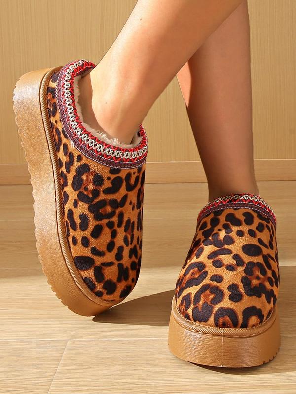 Women's Leopard Print Plush Slippers, Casual Soft Comfortable Home Slippers, Warm Slippers for Indoor & Outdoor Use for Fall & Winter