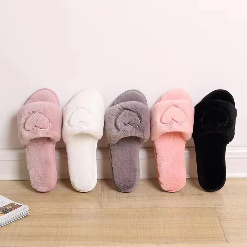 Heart Embroidered Fluffy Slippers, Soft Plush Lining Bedroom Slippers Women Girl