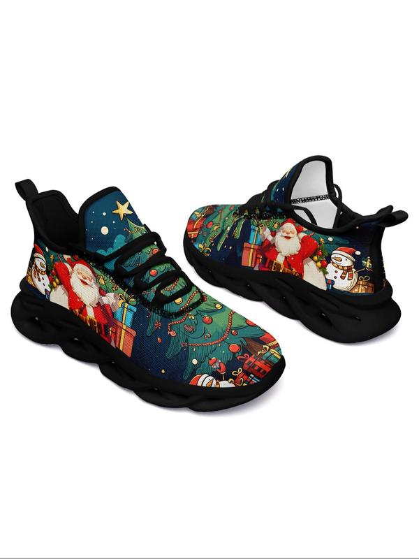 Women's Christmas Cat & Letter Print Lace Up Low Top Sneakers, Casual Comfortable Breathable Sports Running Shoes, Female All-match Round Toe Shoes for Daily