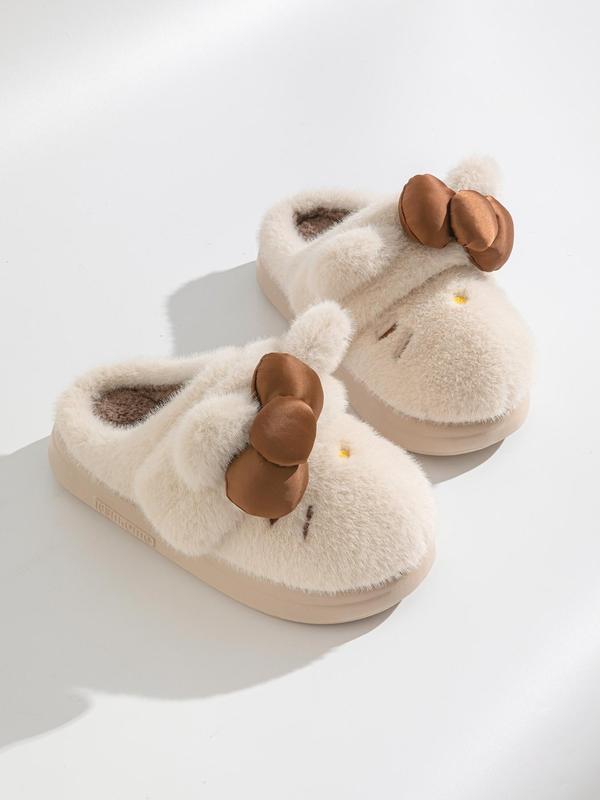 Women's Cute Cartoon Embroidery Bow Decor Plush Slippers, Casual Soft Comfortable Home Slippers, Thick Sole Warm Slippers for Indoor & Outdoor Use for Fall & Winter