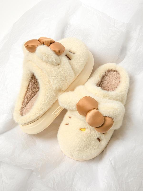 Women's Cute Cartoon Embroidery Bow Decor Plush Slippers, Casual Soft Comfortable Home Slippers, Thick Sole Warm Slippers for Indoor & Outdoor Use for Fall & Winter