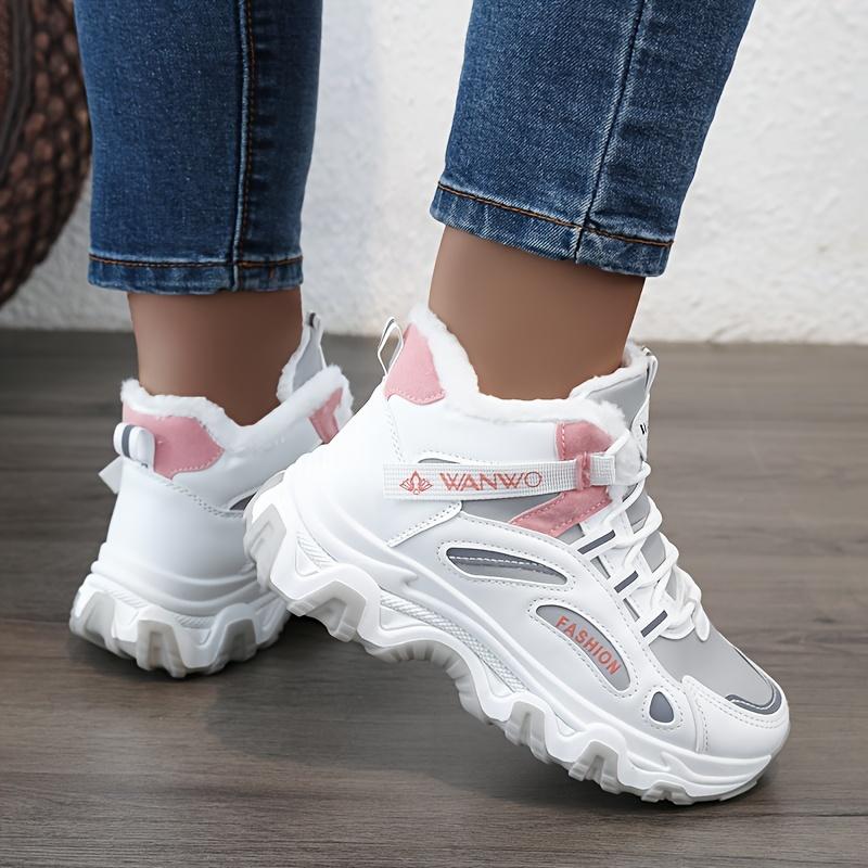 Women's Casual Sneakers, Contrasting Thick Sole Chunky Sneakers, Warm Plush Lined Non-slip Running Shoes, Large Size