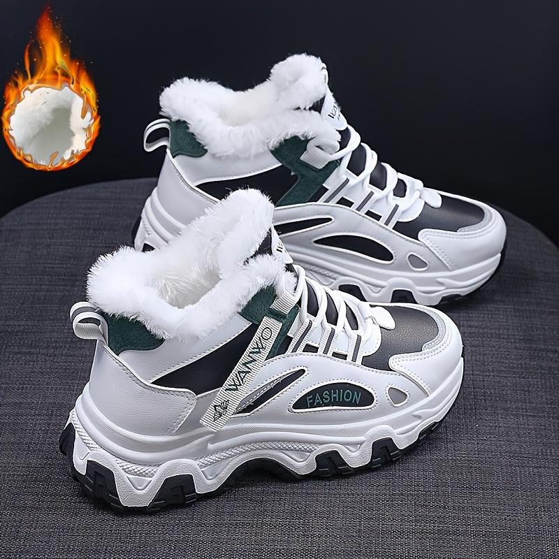 Women's Casual Sneakers, Contrasting Thick Sole Chunky Sneakers, Warm Plush Lined Non-slip Running Shoes, Large Size