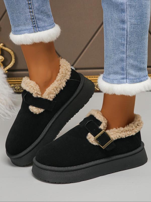 Women's Solid Color Belted Fuzzy Lined Snow Boots, Casual Warm Ankle Boots for Winter, Female All-match Round Toe Shoes for Daily Wear