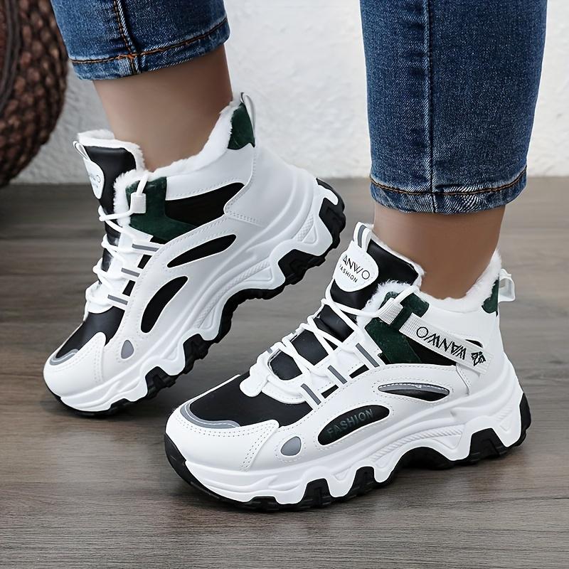 Women's Casual Sneakers, Contrasting Thick Sole Chunky Sneakers, Warm Plush Lined Non-slip Running Shoes, Large Size