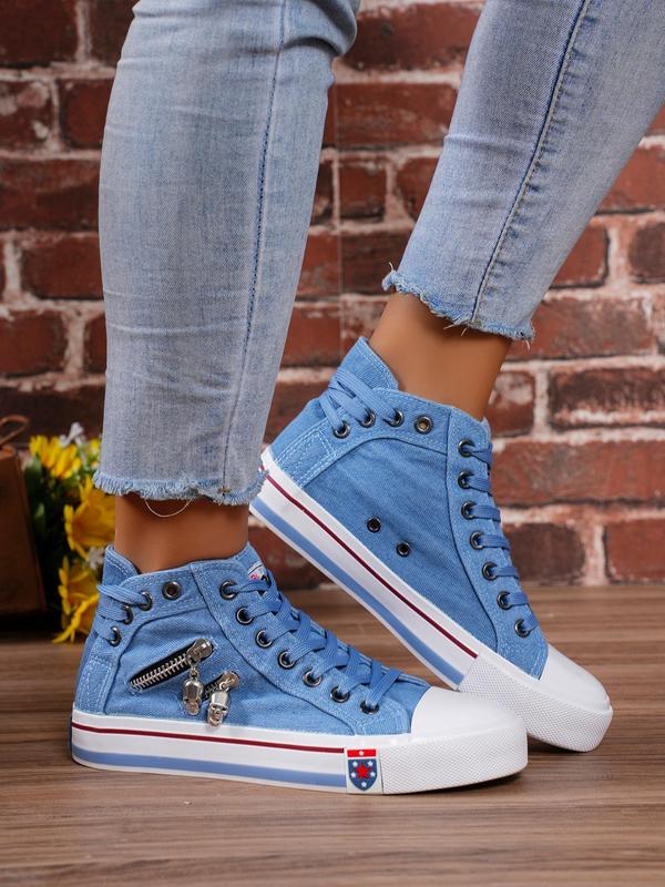 Women's Fashion Letter Patched Design Canvas Shoes, Casual Comfortable Zipper Lace up High Top Shoes for Daily Wear, Female Round Toe Shoes for Daily Wear