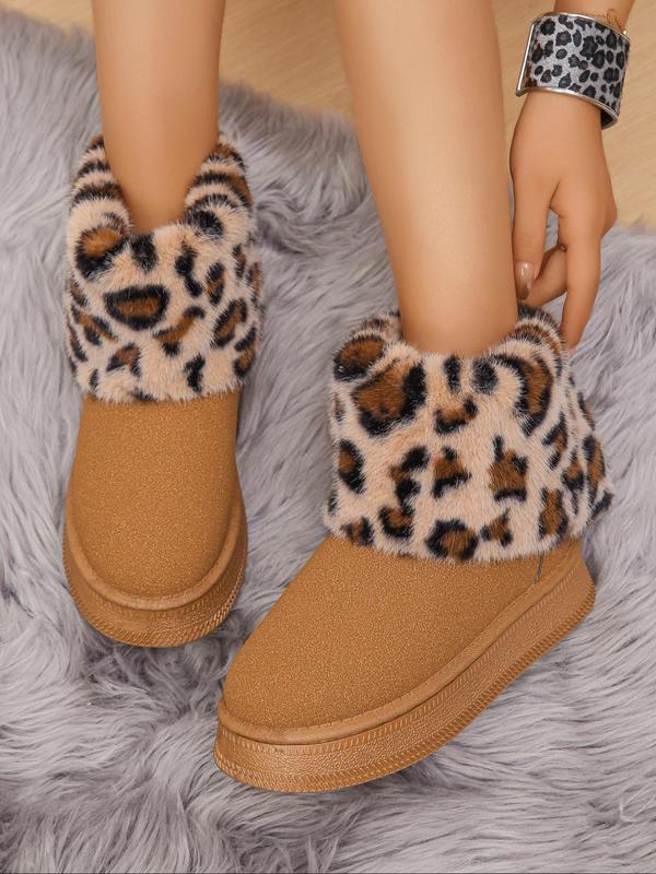 Women's Fashion Leopard Print Fluffy Snow Boots, Casual Warm Ankle Boots for Fall & Winter, Female All-match Round Toe Shoes for Daily Wear