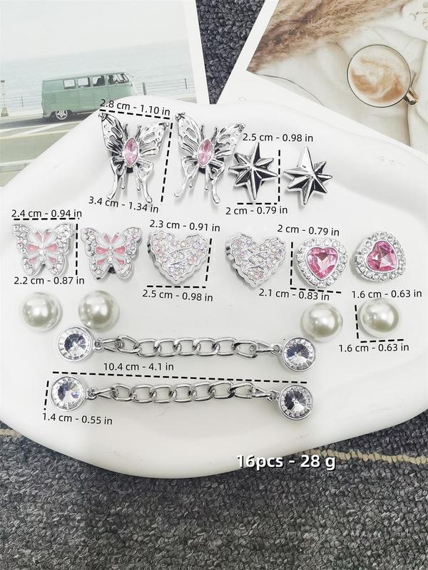 Butterfly & Heart & Chain Design Shoe Charms, Rhinestone & Faux Pearl Decorated Shoe Decoration Charms, Fashionable Shoes Decoration for Women & Girls