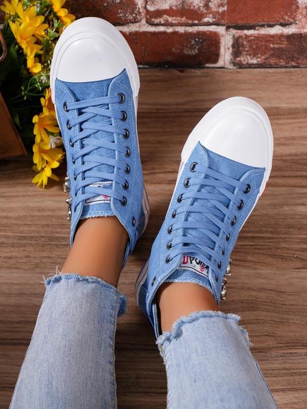 Women's Fashion Letter Patched Design Canvas Shoes, Casual Comfortable Zipper Lace up High Top Shoes for Daily Wear, Female Round Toe Shoes for Daily Wear