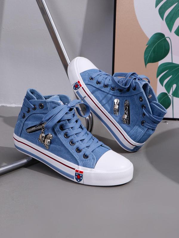 Women's Fashion Letter Patched Design Canvas Shoes, Casual Comfortable Zipper Lace up High Top Shoes for Daily Wear, Female Round Toe Shoes for Daily Wear