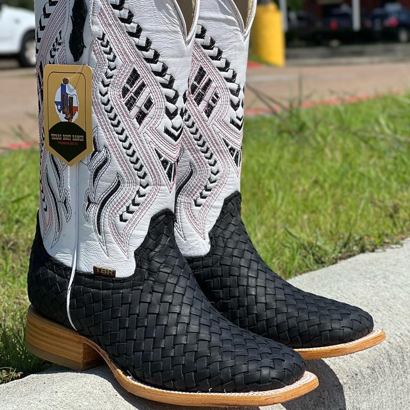 MENS BLACK & WHITE BASKETWEAVE WESTERN BOOTS