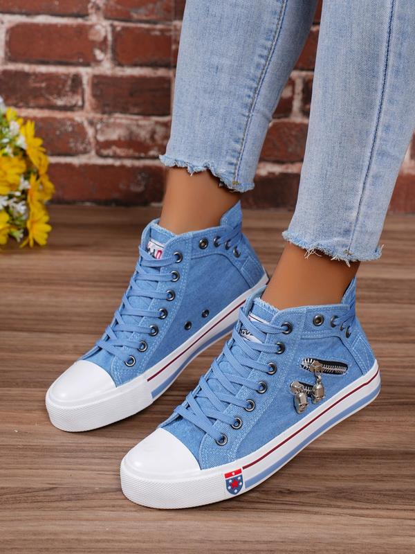 Women's Fashion Letter Patched Design Canvas Shoes, Casual Comfortable Zipper Lace up High Top Shoes for Daily Wear, Female Round Toe Shoes for Daily Wear