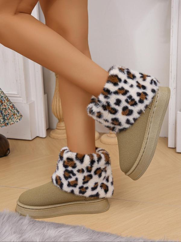 Women's Fashion Leopard Print Fluffy Snow Boots, Casual Warm Ankle Boots for Fall & Winter, Female All-match Round Toe Shoes for Daily Wear