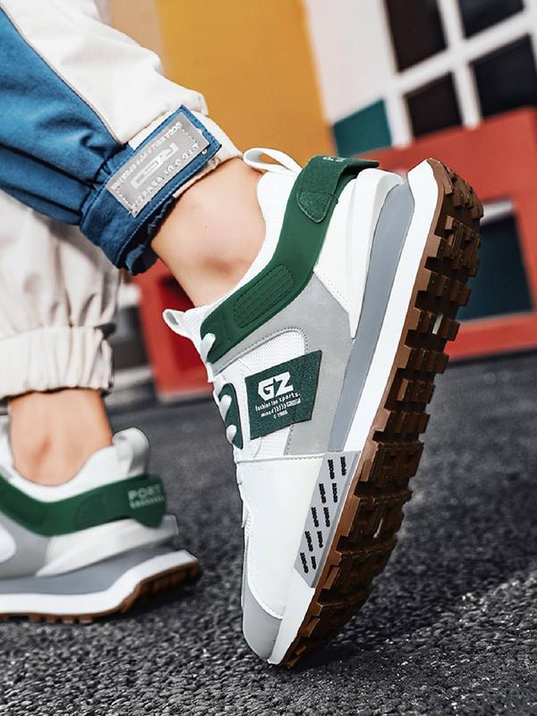 Men's 2024 Summer Stylish Colorblock Letter Patched Lace Up Low Top Sneakers, Sporty Running Shoes, Daily Footwear, Comfortable Non-slip Back To School Casual Sneakers for Fall 2024, Fall Outfits, Earthtone Fall Freshness