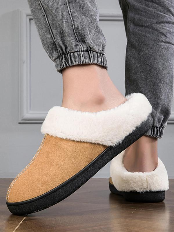 Men's Casual Contrast Faux Fur Design Fluffy Slippers, Soft Comfortable Slippers, Warm Slippers for Indoor & Outdoor Use for Fall & Winter, House Shoes