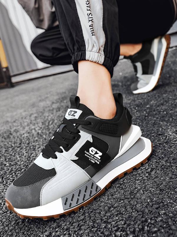 Men's 2024 Summer Stylish Colorblock Letter Patched Lace Up Low Top Sneakers, Sporty Running Shoes, Daily Footwear, Comfortable Non-slip Back To School Casual Sneakers for Fall 2024, Fall Outfits, Earthtone Fall Freshness