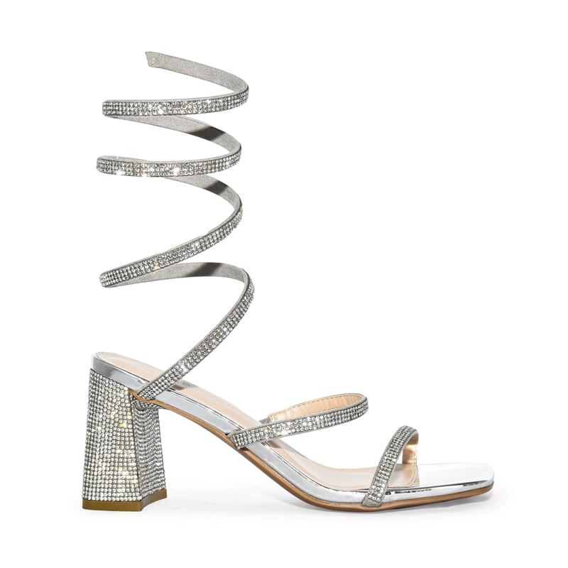 Wild Diva Elegant Formal Rhinestone Coil Wrap Around Spiral Ankle Strap Square Toe Low Block Heels