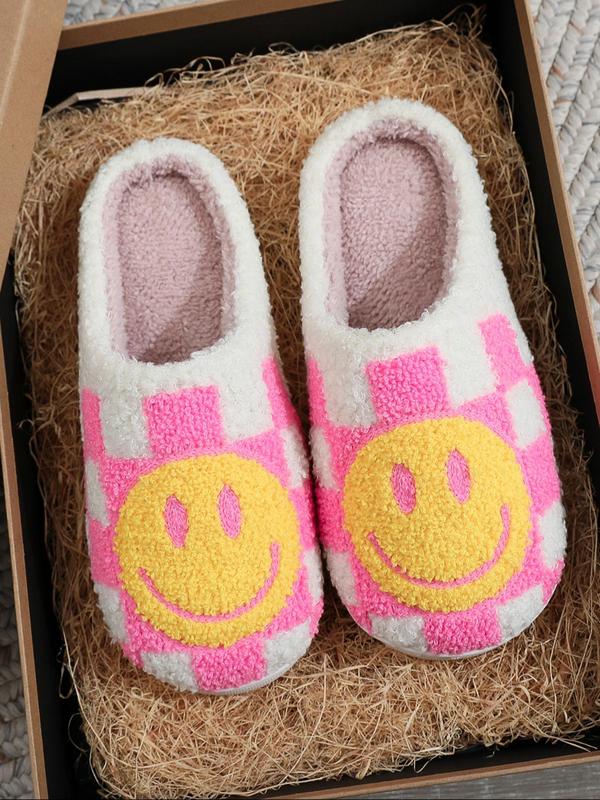 Women's Cartoon Smile Face & Checked Pattern Plush Slippers, Casual Soft Comfortable Home Slippers, Warm Slippers for Fall & Winter, Walking Shoes, Fall Outfits, Fall Freshness