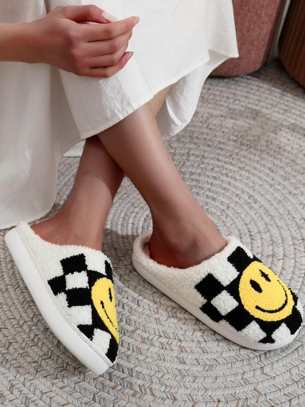 Women's Cartoon Smile Face & Checked Pattern Plush Slippers, Casual Soft Comfortable Home Slippers, Warm Slippers for Fall & Winter, Walking Shoes, Fall Outfits, Fall Freshness