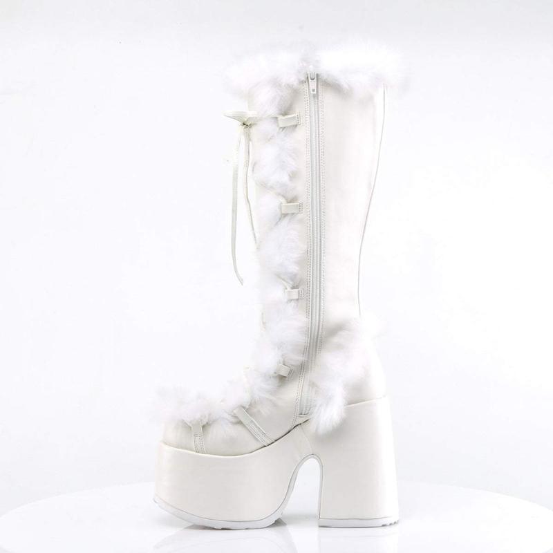 Demonia Camel-311 White Vegan Leather Knee-high Boots