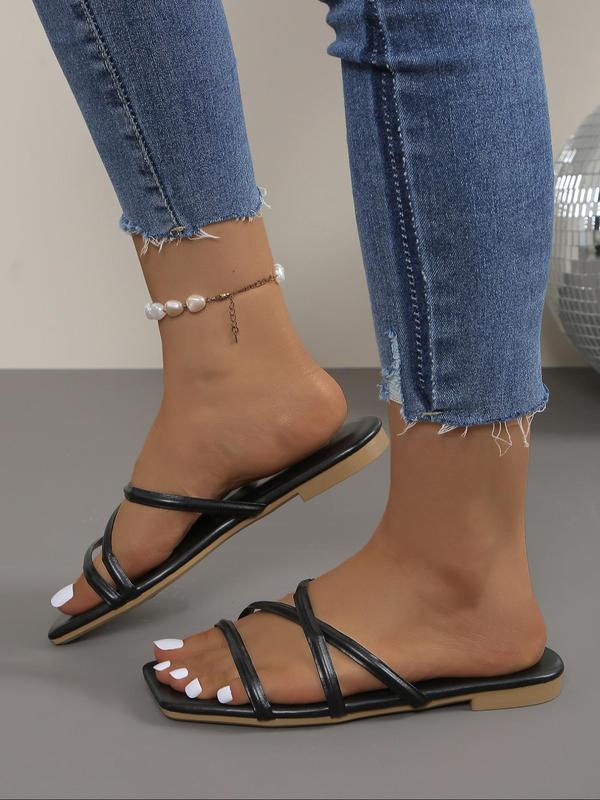 Women's Fashionable Plain Criss Cross Strap Slide Sandals, Casual Comfortable Flat Sandals, Summer Beach Sandals